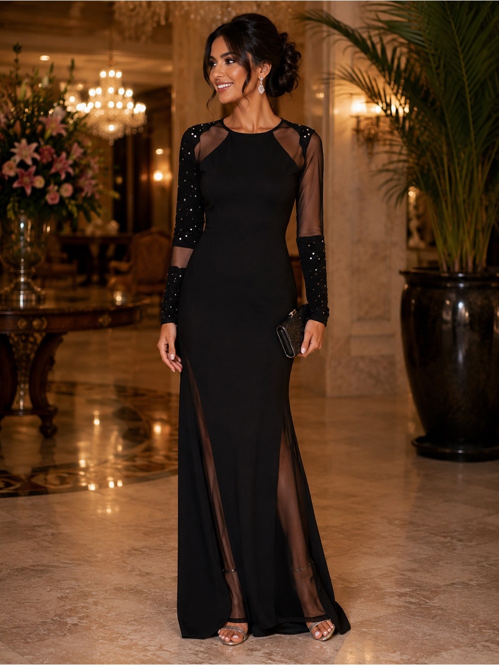 Juss Elegant Black Sheer-Panel Evening Gown stretch